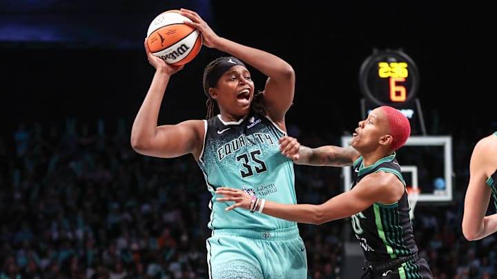 The Liberty are a staggering 34–0 when Jonquel Jones (left) scores a double-double during her three seasons in New York.