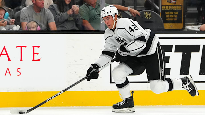 Sep 27, 2023; Las Vegas, Nevada, USA; Los Angeles Kings right wing Martin Chromiak (42) skates against the Vegas Golden Knights during the first period at T-Mobile Arena. Mandatory Credit: Stephen R. Sylvanie-Imagn Images