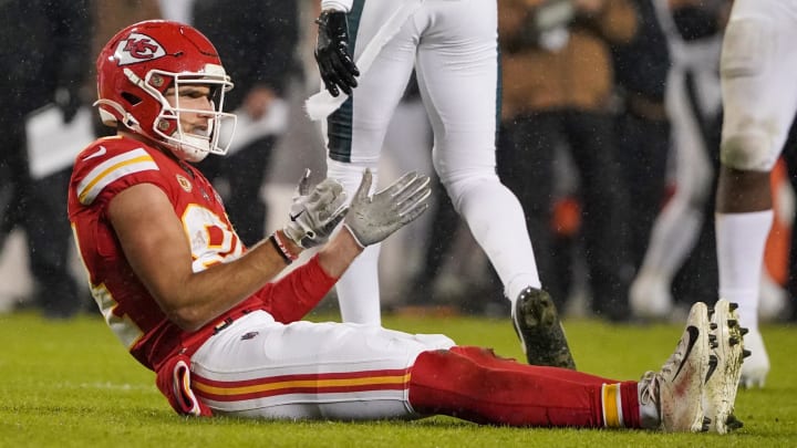 Nov 20, 2023; Kansas City, Missouri, USA; Kansas City Chiefs wide receiver Justin Watson (84) reacts after missing a pass against the Philadelphia Eagles during the game at GEHA Field at Arrowhead Stadium. Mandatory Credit: Denny Medley-USA TODAY Sports