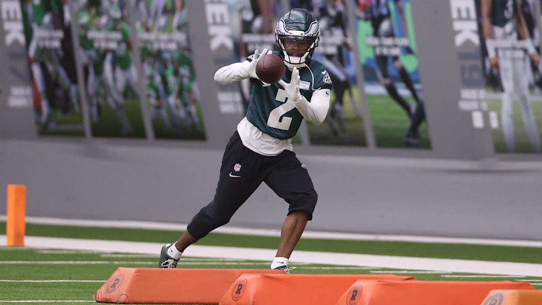 May 28, 2025; Philadelphia, PA, USA; Philadelphia Eagles wide receiver Jahan Dotson (2) catches a ball during OTAs at NovaCare Complex. Mandatory Credit: Bill Streicher-Imagn Images