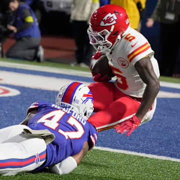 Buffalo Bills cornerback Christian Benford tackles Kansas City Chiefs wide receiver Hollywood Brown stopping him short of the end zone during first half action against the Kansas City Chiefs at Highmark Stadium in Orchard Park on Nov. 2, 2025.