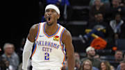 Nov 9, 2025; Memphis, Tennessee, USA; Oklahoma City Thunder guard Shai Gilgeous-Alexander (2) reacts after a three point basket during the fourth quarter against the Memphis Grizzlies at FedExForum. Mandatory Credit: Petre Thomas-Imagn Images