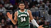 Nov 10, 2024; Milwaukee, Wisconsin, USA;  Milwaukee Bucks forward Giannis Antetokounmpo (34) reacts in the fourth quarter against the Boston Celtics at Fiserv Forum. Mandatory Credit: Benny Sieu-Imagn Images