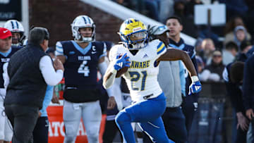 Delaware running back Marcus Yarns scores on a reception late in the second quarter against Villanova at Villanova Stadium, Saturday, Nov. 23, 2024.