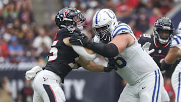  Indianapolis Colts guard Quenton Nelson blocks against Houston Texans linebacker Jake Hansen