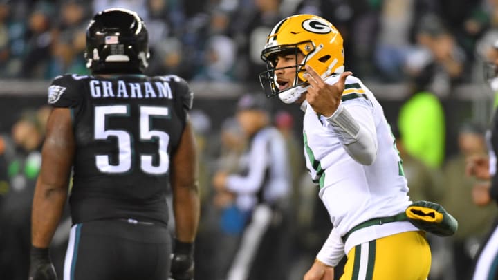 Green Bay Packers quarterback Jordan Love (10) celebrates his touchdown pass against the Philadelphia Eagles in 2022.