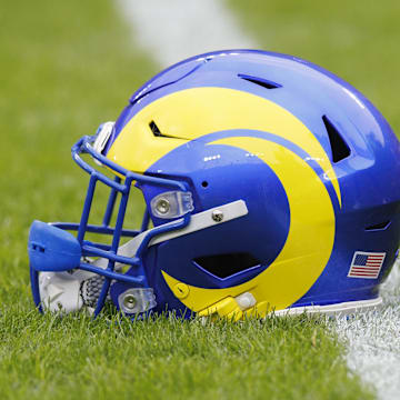 Nov 5, 2023; Green Bay, Wisconsin, USA;  General view of an Los Angeles Rams helmet during warmups prior to the game against the Green Bay Packers at Lambeau Field. Mandatory Credit: Jeff Hanisch-Imagn Images