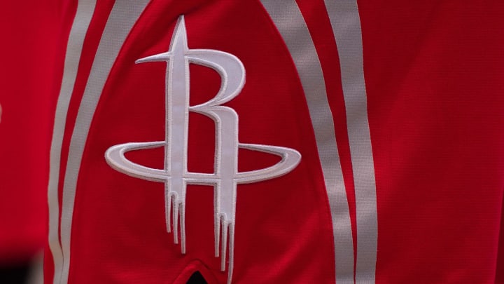 Apr 2, 2015; Dallas, TX, USA; A view of the Houston Rockets logo during the game between the Dallas Mavericks and the Houston Rockets at the American Airlines Center. The Rockets defeated the Mavericks 108-101. Mandatory Credit: Jerome Miron-USA TODAY Sports