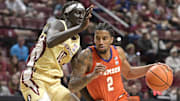 Feb 15, 2025; Tallahassee, Florida, USA; Clemson Tigers guard Dillon Hunter (2) drives to the basket as Florida State Seminoles forward Taylor Bol Bowen (10) defends during the second half at Donald L. Tucker Center