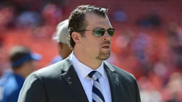 September 22, 2013; San Francisco, CA, USA; Indianapolis Colts general manager Ryan Grigson watches from the sideline before the game against the San Francisco 49ers at Candlestick Park. The Colts defeated the 49ers 27-7. Mandatory Credit: Kyle Terada-Imagn Images