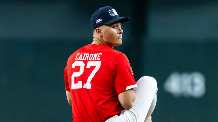Jun 17, 2025; Phoenix, AZ, USA; Delsea Reg High School (NJ) pitcher Frank Cairone during the MLB Draft Combine high school baseball game at Chase Field. Mandatory Credit: Mark J. Rebilas-Imagn Images
