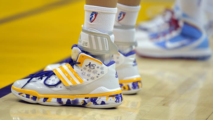 May 30, 2010; Los Angeles, CA, USA; The shoes of Los Angeles Sparks forward Candace Parker during the WNBA game against the Atlanta Dream at the Staples Center. Mandatory Credit: Kirby Lee/Image of Sport-Imagn Images