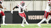 Nov 9, 2024; Nashville, Tennessee, USA;  South Carolina Gamecocks running back Raheim Sanders (5) runs the ball against the Vanderbilt Commodores during the first half at FirstBank Stadium. Mandatory Credit: Steve Roberts-Imagn Images