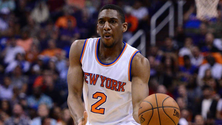 Mar 9, 2016; Phoenix, AZ, USA; New York Knicks guard Langston Galloway (2) passes the ball against the Phoenix Suns in the second half at Talking Stick Resort Arena. The Knicks defeated the Suns 128-97. Mandatory Credit: Jennifer Stewart-USA TODAY Sports