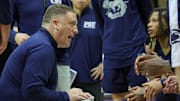 Penn State Nittany Lions head coach Mike Rhoades talks to his team
