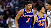 Mar 10, 2025; Sacramento, California, USA; New York Knicks guard Miles McBride (2) celebrates after scoring a basket during the fourth quarter against the Sacramento Kings at Golden 1 Center. Mandatory Credit: Sergio Estrada-Imagn Images