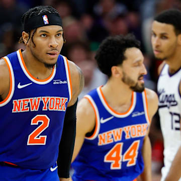 Mar 10, 2025; Sacramento, California, USA; New York Knicks guard Miles McBride (2) celebrates after scoring a basket during the fourth quarter against the Sacramento Kings at Golden 1 Center. Mandatory Credit: Sergio Estrada-Imagn Images