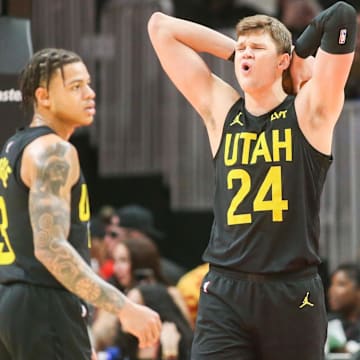 Feb 27, 2024; Atlanta, Georgia, USA; Utah Jazz center Walker Kessler (24) reacts to a foul call against the Atlanta Hawks in the second half at State Farm Arena.