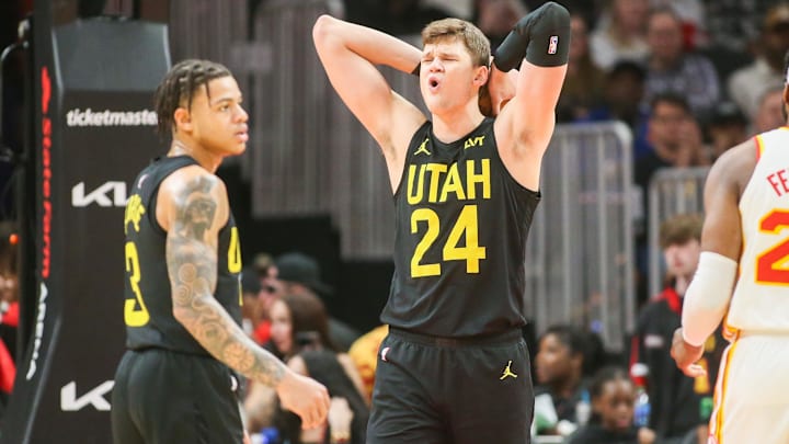 Feb 27, 2024; Atlanta, Georgia, USA; Utah Jazz center Walker Kessler (24) reacts to a foul call against the Atlanta Hawks in the second half at State Farm Arena.