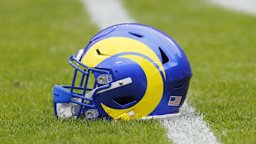 Nov 5, 2023; Green Bay, Wisconsin, USA;  General view of an Los Angeles Rams helmet during warmups prior to the game against the Green Bay Packers at Lambeau Field.