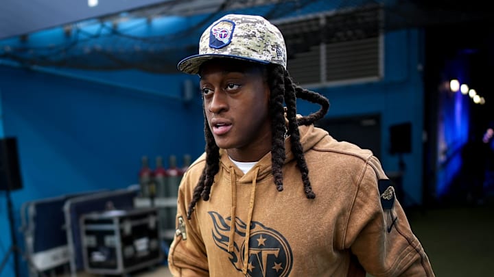 Tennessee Titans safety Terrell Edmunds heads out for warm ups before a game against the Carolina Panthers at Nissan Stadium in Nashville, Tenn., Sunday, Nov. 26, 2023.