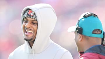 Nov 19, 2023; Cleveland, Ohio, USA; Cleveland Browns quarterback Deshaun Watson, left, smiles before