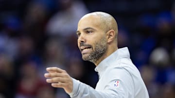 Oct 16, 2024; Philadelphia, Pennsylvania, USA; Brooklyn Nets head coach Jordi Fernandez reacts during the third quarter against the Philadelphia 76ers at Wells Fargo Center. Mandatory Credit: Bill Streicher-Imagn Images