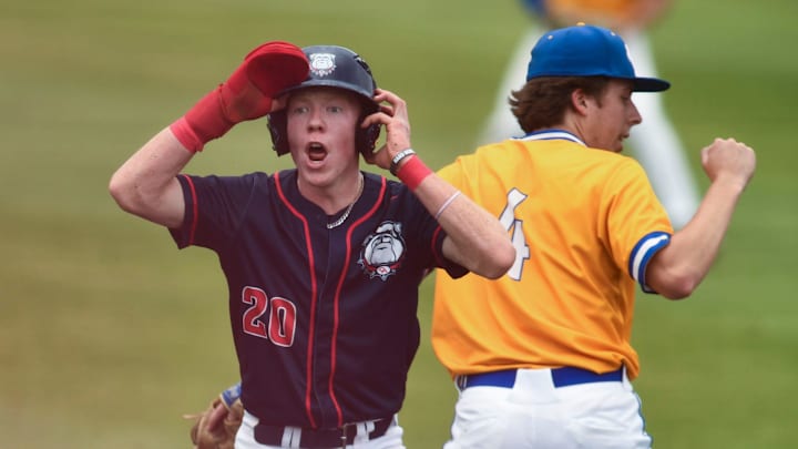 Columba Academy's Wyatt Ayers (20) reacts as he is called out at third base during the Division II Class A TSSAA baseball tournament game against Goodpasture on Wednesday, May 22, 2024 in Murfreesboro, Tenn. (When I can't get baseball action, I look for baseball reaction.)