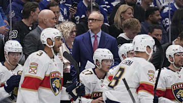 May 5, 2025; Toronto, Ontario, CAN; Florida Panthers head coach Paul Maurice on the bench during the first period of game one of the second round of the 2025 Stanley Cup Playoffs against the Toronto Maple Leafs at Scotiabank Arena. Mandatory Credit: John E. Sokolowski-Imagn Images