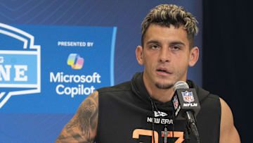 Feb 28, 2025; Indianapolis, IN, USA; Miami wideout Xavier Restrepo (WO37) talks to the press during the 2025 NFL Combine at Indiana Convention Center. Mandatory Credit: Stephanie Amador Blondet-Imagn Images