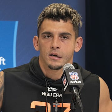 Feb 28, 2025; Indianapolis, IN, USA; Miami wideout Xavier Restrepo (WO37) talks to the press during the 2025 NFL Combine at Indiana Convention Center. Mandatory Credit: Stephanie Amador Blondet-Imagn Images