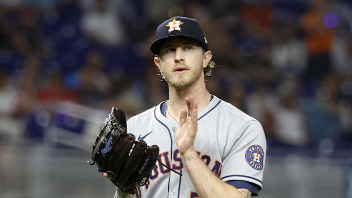 Aug 5, 2025; Miami, Florida, USA;  Houston Astros pitcher Josh Hader (71) celebrates defeating the Miami Marlins following the game at loanDepot Park. Mandatory Credit: Rhona Wise-Imagn Images
