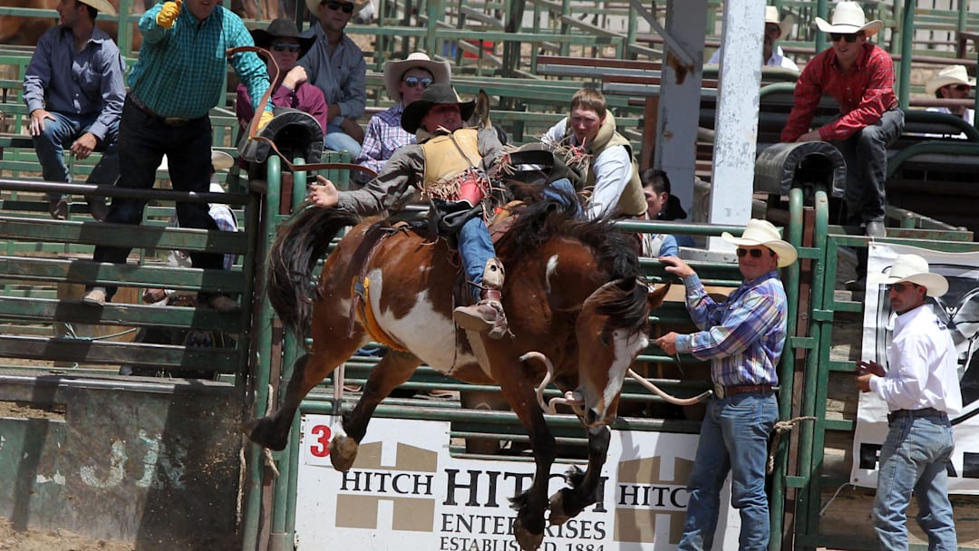 May 6, 2018; Guymon, OK, USA; During the Guymon Pioneer Days Rodeo at Henry C. Hitch Pioneer Arena. Mandatory Credit: Michael C. Johnson-Imagn Images