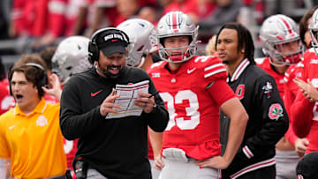 Oct 21, 2023; Columbus, Ohio, USA; Ohio State Buckeyes quarterback Devin Brown (33) stands behind