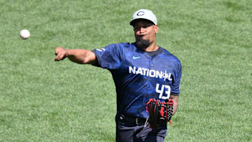 National League pitcher  Alexis DIaz  of the Cincinnati Reds (43) practices before the 2023 game at T-Mobile Park