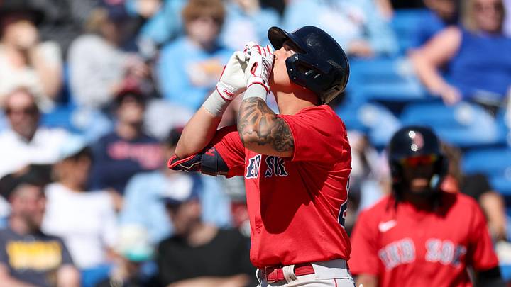 Mar 6, 2025; Dunedin, Florida, USA; Boston Red Sox shortstop Mikey Romero (22) celebrates after hitting a home run against the Toronto Blue Jays in the fourth inning during spring training at TD Ballpark. Mandatory Credit: Nathan Ray Seebeck-Imagn Images
