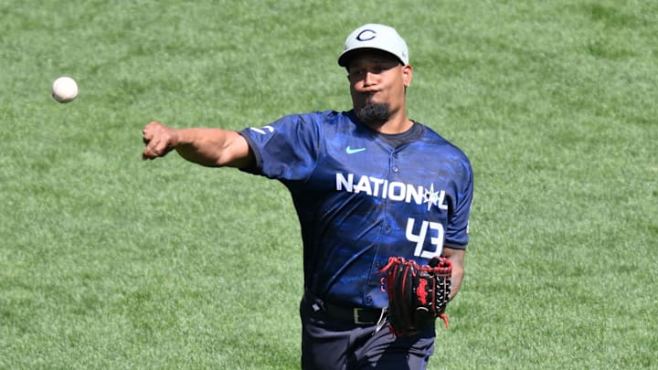 National League pitcher  Alexis DIaz  of the Cincinnati Reds (43) practices before the 2023 game at T-Mobile Park