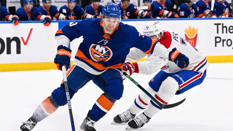 Apr 11, 2024; Elmont, New York, USA; New York Islanders defenseman Adam Pelech (3) skates with the