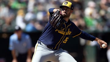 Aug 25, 2024; Oakland, California, USA; Milwaukee Brewers pitcher Aaron Ashby (26) delivers a pitch against the Oakland Athletics during the seventh inning at Oakland-Alameda County Coliseum. Mandatory Credit: D. Ross Cameron-Imagn Images