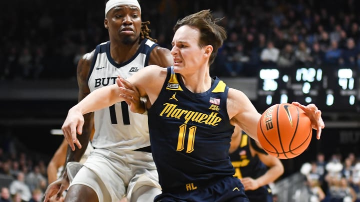 Feb 13, 2024; Indianapolis, Indiana, USA; Marquette Golden Eagles guard Tyler Kolek (11) goes to the