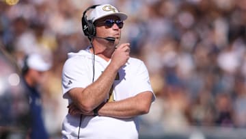 Oct 25, 2025; Atlanta, Georgia, USA; Georgia Tech Yellow Jackets head coach Brent Key on the sideline against the Syracuse Orange in the second quarter at Bobby Dodd Stadium at Hyundai Field. Mandatory Credit: Brett Davis-Imagn Images