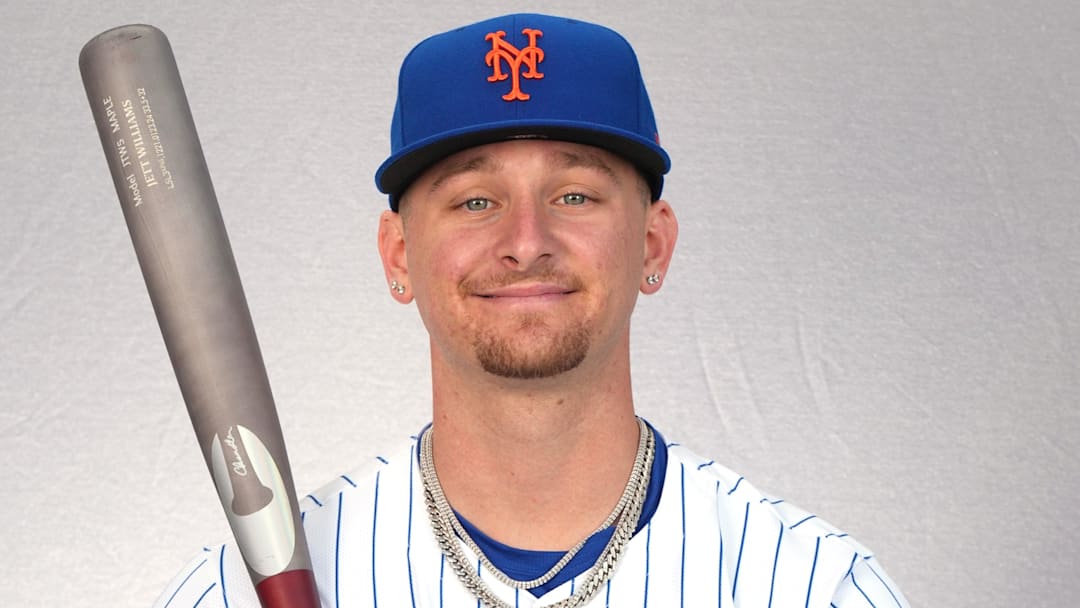 Feb 22, 2024; Port St. Lucie, FL, USA;  New York Mets infielder Jett Williams (90). Mandatory Credit: Jim Rassol-Imagn Images