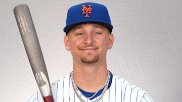 Feb 22, 2024; Port St. Lucie, FL, USA;  New York Mets infielder Jett Williams (90). Mandatory Credit: Jim Rassol-Imagn Images