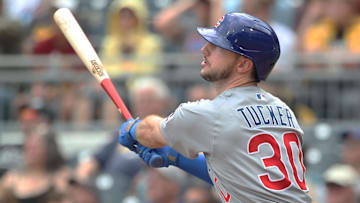 May 1, 2025; Pittsburgh, Pennsylvania, USA;  Chicago Cubs right fielder Kyle Tucker (30) hits a solo home run against the Pittsburgh Pirates during the fifth inning at PNC Park. 