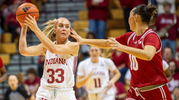 Indiana's Sydney Parrish (33) passes during the Indiana versus Wisconsin women's basketball game at Simon Skjodt Assembly Hall on Saturday, Dec. 28, 2024.