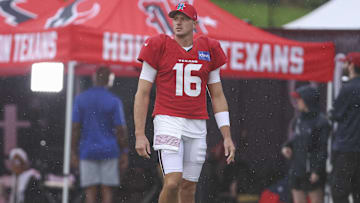 Jul 27, 2024; Houston, TX, USA; Houston Texans quarterback Tim Boyle (16) during training camp at Houston Methodist Training Center. Mandatory Credit: Troy Taormina-USA TODAY Sports