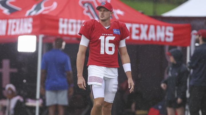 Jul 27, 2024; Houston, TX, USA; Houston Texans quarterback Tim Boyle (16) during training camp at Houston Methodist Training Center. Mandatory Credit: Troy Taormina-USA TODAY Sports