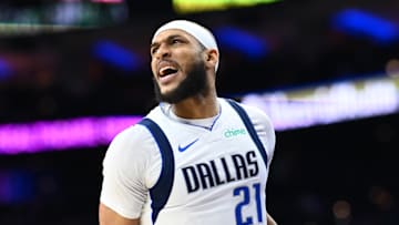 Feb 4, 2025; Philadelphia, Pennsylvania, USA; Dallas Mavericks forward Daniel Gafford (21) reacts after a rebound against the Philadelphia 76ers in the first quarter at Wells Fargo Center. Mandatory Credit: Kyle Ross-Imagn Images