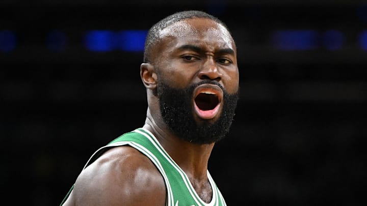 Dec 2, 2025; Boston, Massachusetts, USA; Boston Celtics guard Jaylen Brown (7) reacts after scoring against the New York Knicks during the second half at the TD Garden. Mandatory Credit: Brian Fluharty-Imagn Images