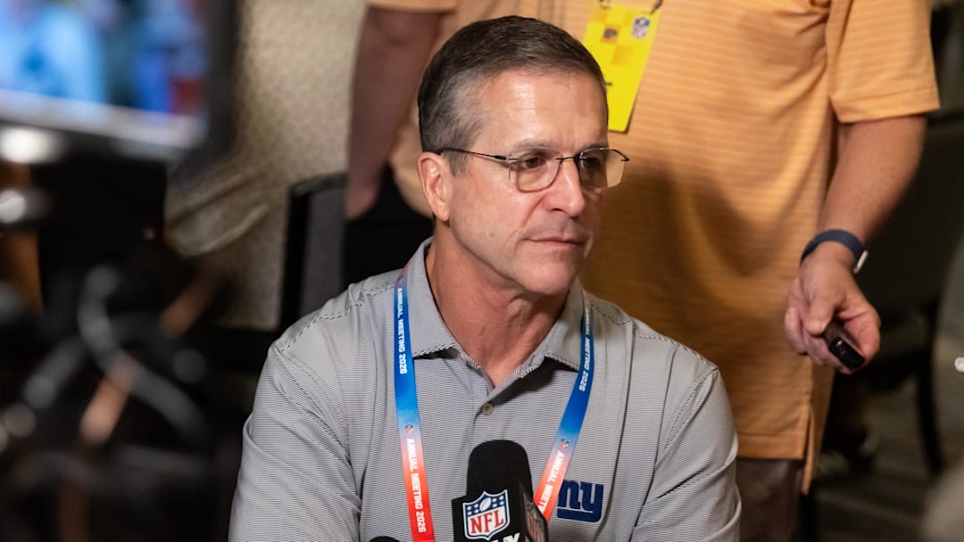 Mar 30, 2026; Phoenix, AZ, USA; New York Giants head coach John Harbaugh during the 2026 NFL Annual League Meeting at the Arizona Biltmore. Mandatory Credit: Mark J. Rebilas-Imagn Images